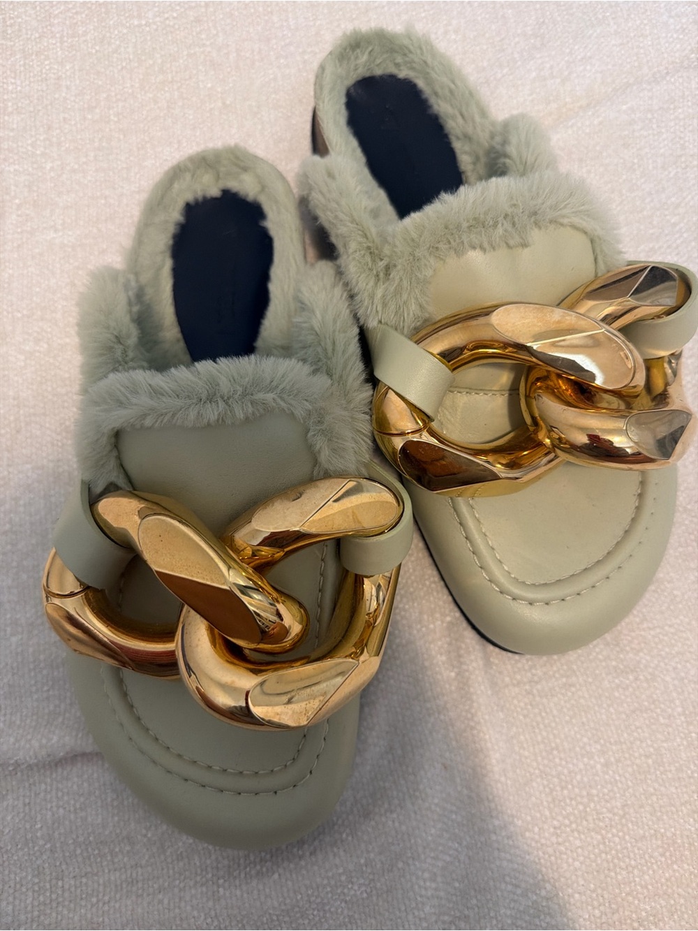JW ANDERSON Sage Green Faux-Fur Chain-Trim Mules